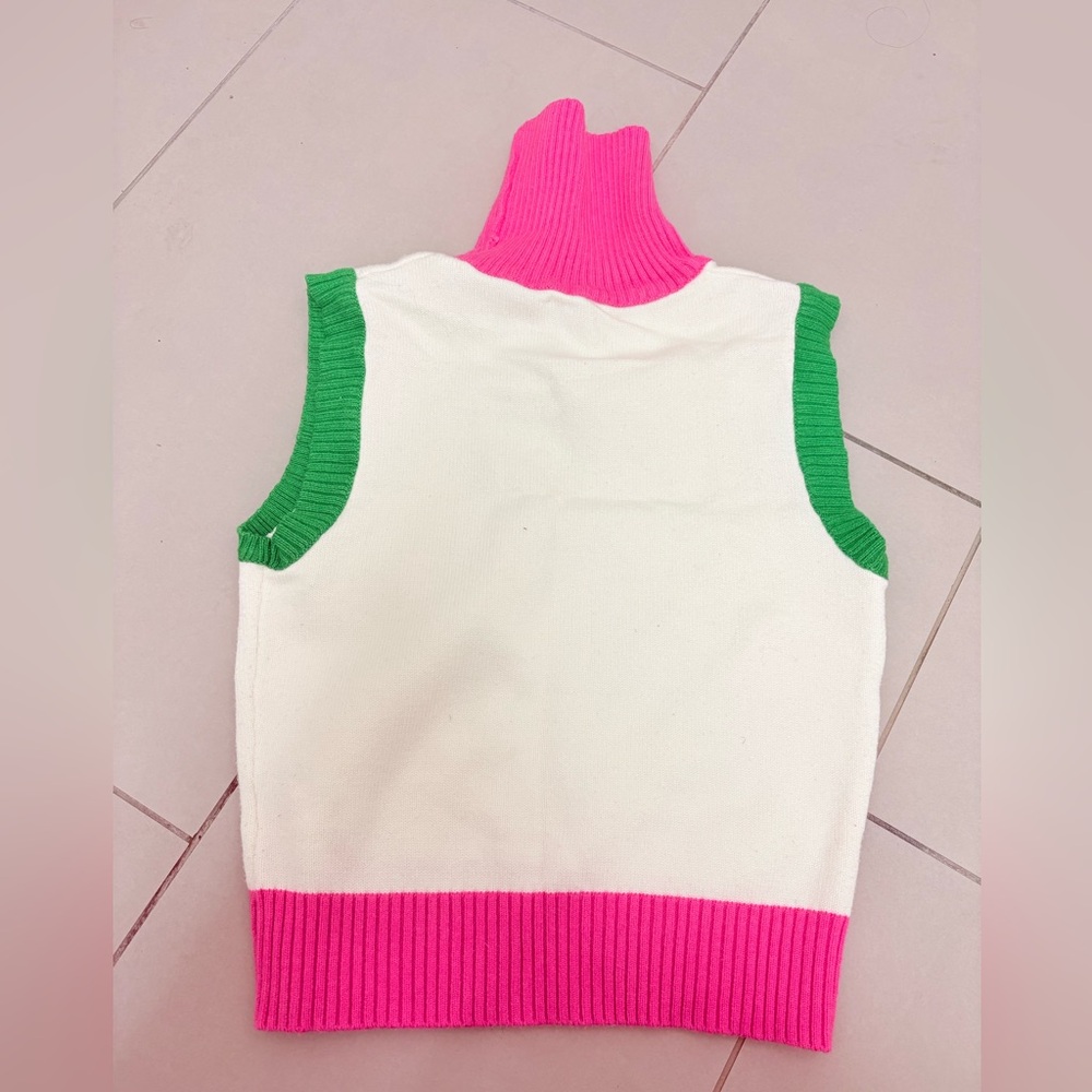 Pink and Green Sleeveless Turtleneck Sweater